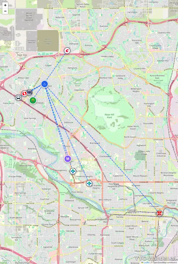 Daily accessibility map for 96 HAWKBURY CL NW, Calgary showing nearby schools, grocery stores, parks, LRT stations and nearby amenities