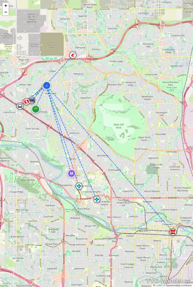 Daily accessibility map for 472 HAWKSTONE DR NW, Calgary showing nearby schools, grocery stores, parks, LRT stations and nearby amenities