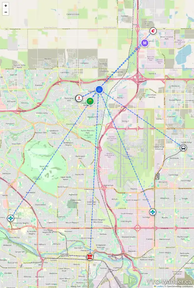 Daily accessibility map for 203 COVEWOOD CI NE, Calgary showing nearby schools, grocery stores, parks, LRT stations and nearby amenities