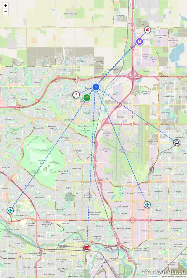 Daily accessibility map for 194 COVEWOOD CI NE, Calgary showing nearby schools, grocery stores, parks, LRT stations and nearby amenities