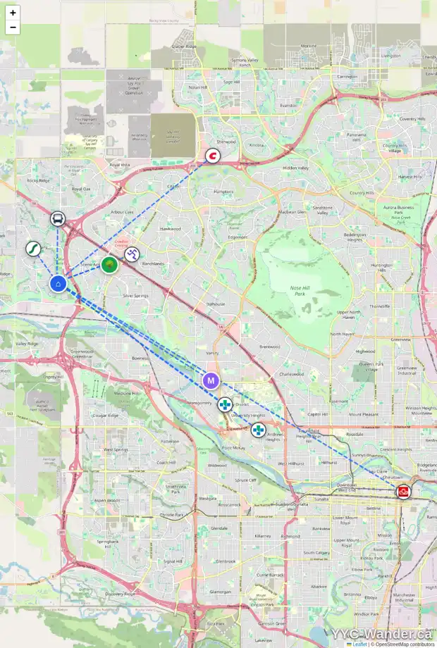 Daily accessibility map for 173 TUSCANY RAVINE TC NW, Calgary showing nearby schools, grocery stores, parks, LRT stations and nearby amenities