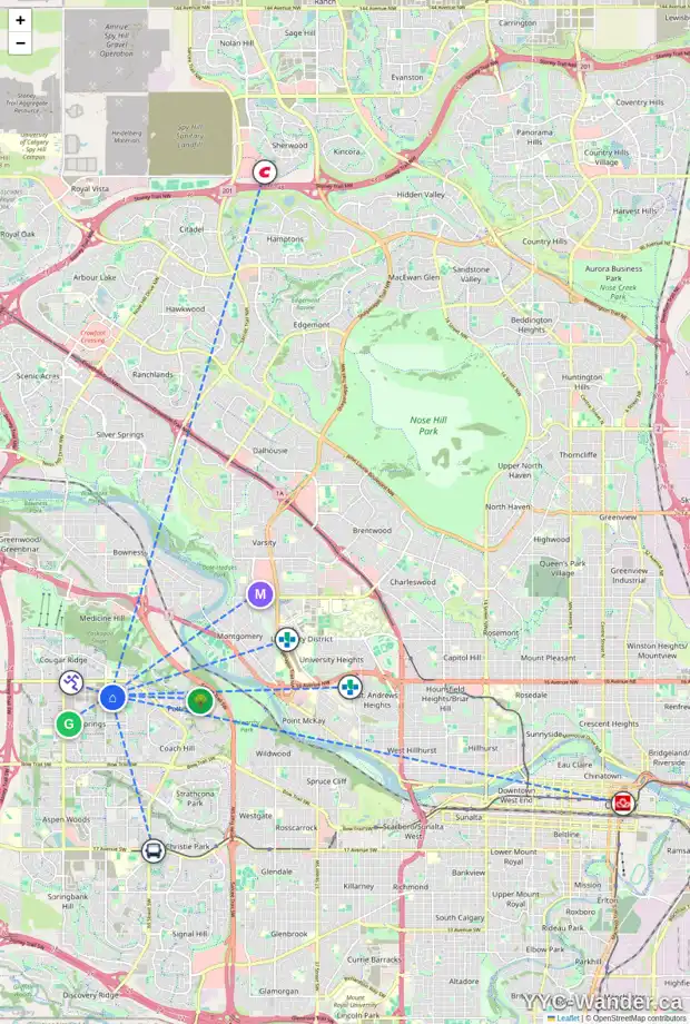 Daily accessibility map for 21 WESTON CO SW, Calgary showing nearby schools, grocery stores, parks, LRT stations and nearby amenities