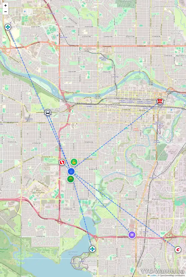 Daily accessibility map for 105 SOMME BV SW, Calgary showing nearby schools, grocery stores, parks, LRT stations and nearby amenities