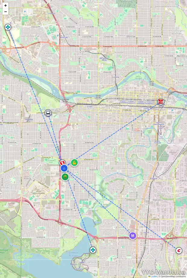 Daily accessibility map for 108 SOMME MR SW, Calgary showing nearby schools, grocery stores, parks, LRT stations and nearby amenities