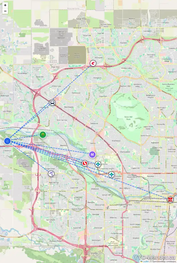 Daily accessibility map for 30 VALLEY CREST RI NW, Calgary showing nearby schools, grocery stores, parks, LRT stations and nearby amenities