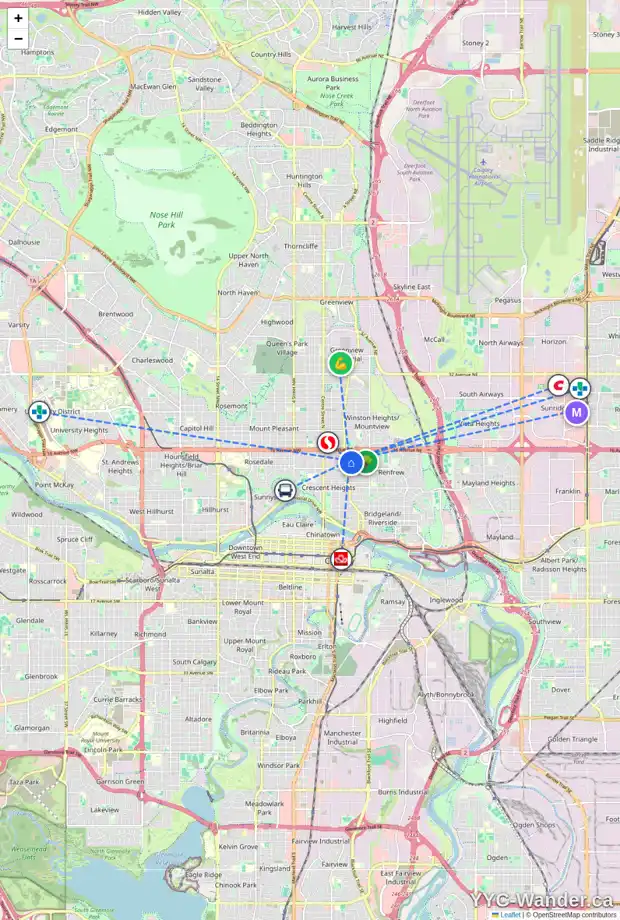 Daily accessibility map for 427 14 AV NE, Calgary showing nearby schools, grocery stores, parks, LRT stations and nearby amenities