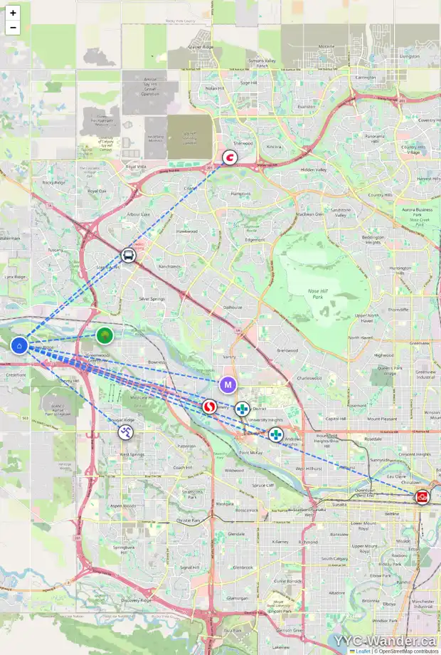 Daily accessibility map for 235 VALLEY CREST RI NW, Calgary showing nearby schools, grocery stores, parks, LRT stations and nearby amenities