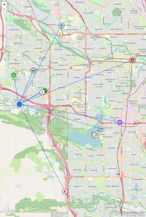 Daily accessibility map for 35 DISCOVERY VALLEY CV SW, Calgary showing nearby schools, grocery stores, parks, LRT stations and nearby amenities