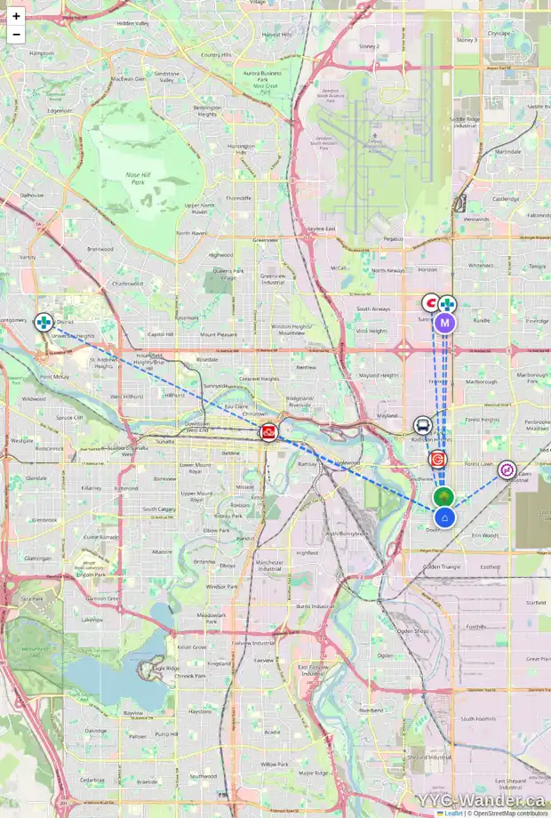 Daily accessibility map for 3311 33 ST SE, Calgary showing nearby schools, grocery stores, parks, LRT stations and nearby amenities