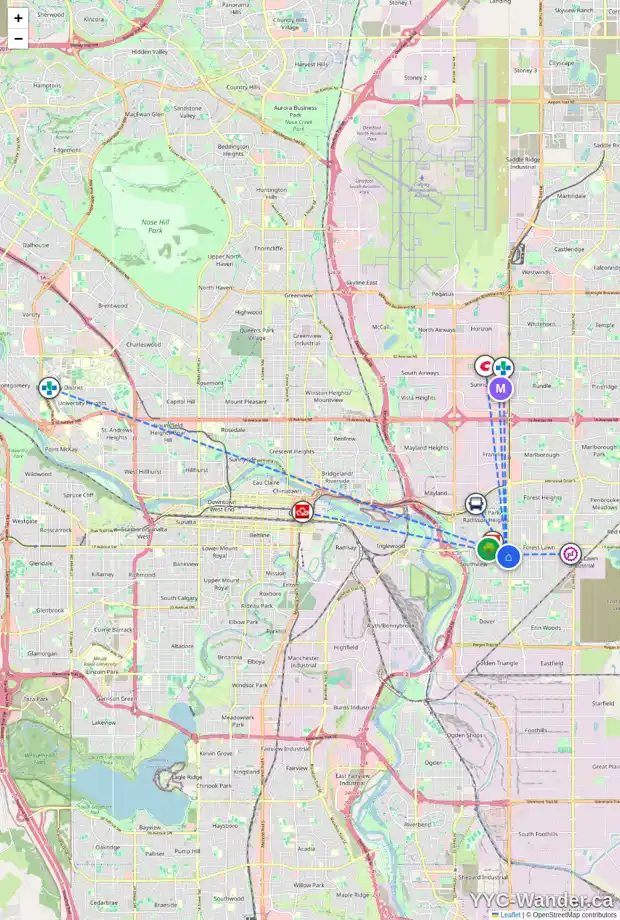 Daily accessibility map for 3603 19 AV SE, Calgary showing nearby schools, grocery stores, parks, LRT stations and nearby amenities