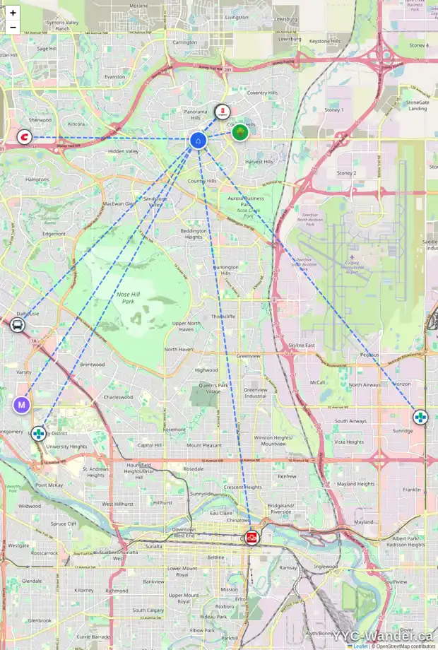 Daily accessibility map for 47 PANAMOUNT HT NW, Calgary showing nearby schools, grocery stores, parks, LRT stations and nearby amenities