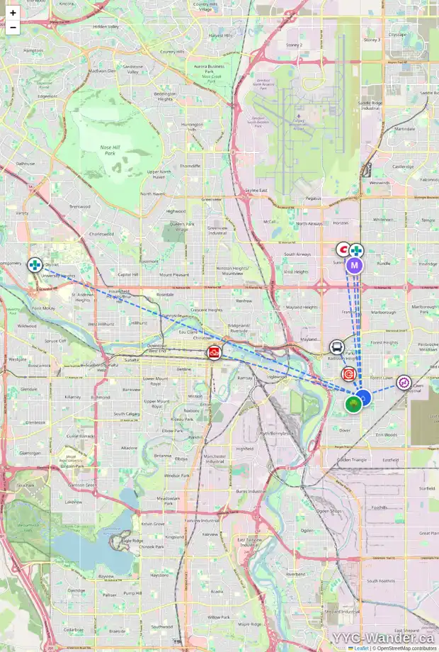 Daily accessibility map for 2604 36 ST SE, Calgary showing nearby schools, grocery stores, parks, LRT stations and nearby amenities