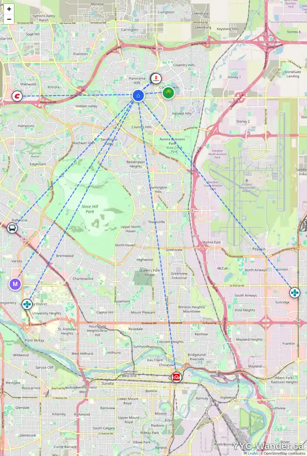 Daily accessibility map for 91 PANAMOUNT HT NW, Calgary showing nearby schools, grocery stores, parks, LRT stations and nearby amenities