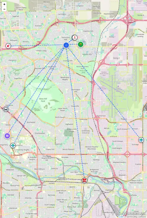 Daily accessibility map for 111 PANAMOUNT HT NW, Calgary showing nearby schools, grocery stores, parks, LRT stations and nearby amenities