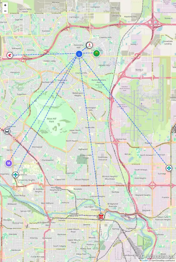 Daily accessibility map for 119 PANAMOUNT HT NW, Calgary showing nearby schools, grocery stores, parks, LRT stations and nearby amenities