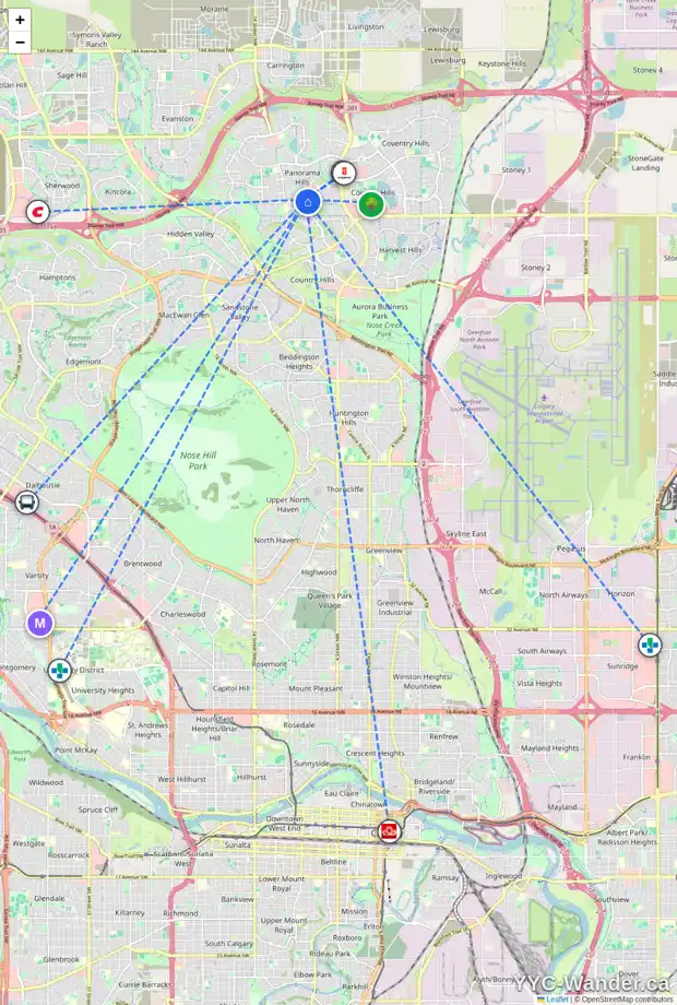 Daily accessibility map for 171 PANAMOUNT HT NW, Calgary showing nearby schools, grocery stores, parks, LRT stations and nearby amenities