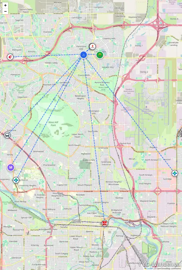 Daily accessibility map for 195 PANAMOUNT HT NW, Calgary showing nearby schools, grocery stores, parks, LRT stations and nearby amenities
