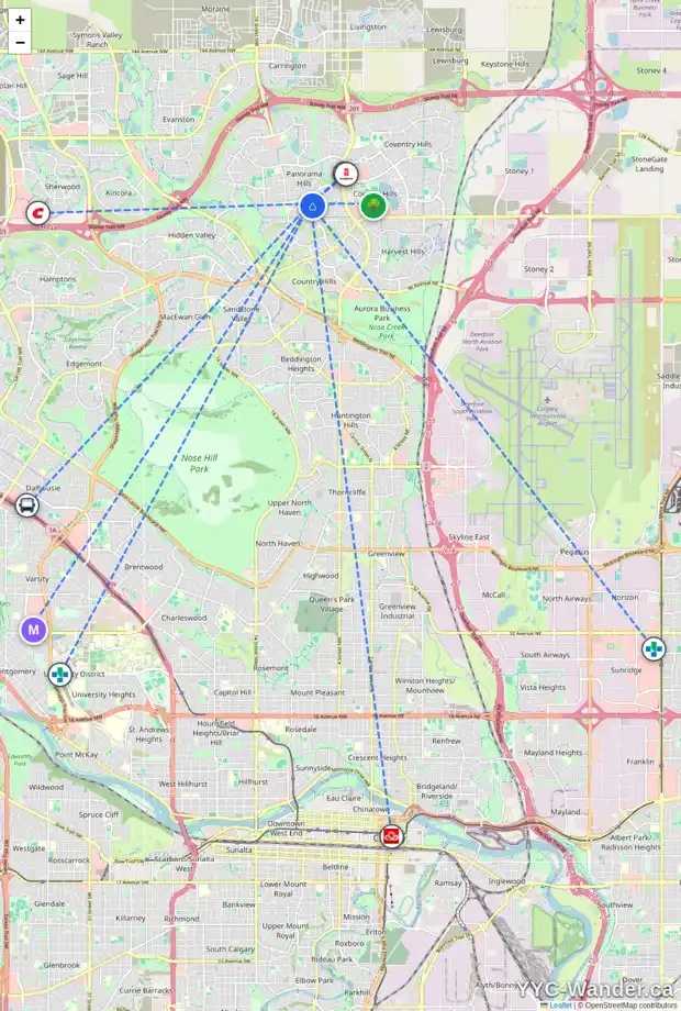 Daily accessibility map for 199 PANAMOUNT HT NW, Calgary showing nearby schools, grocery stores, parks, LRT stations and nearby amenities
