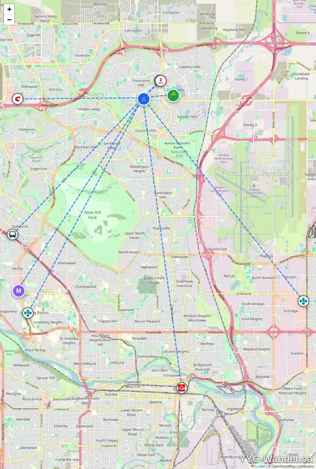 Daily accessibility map for 80 PANAMOUNT HT NW, Calgary showing nearby schools, grocery stores, parks, LRT stations and nearby amenities