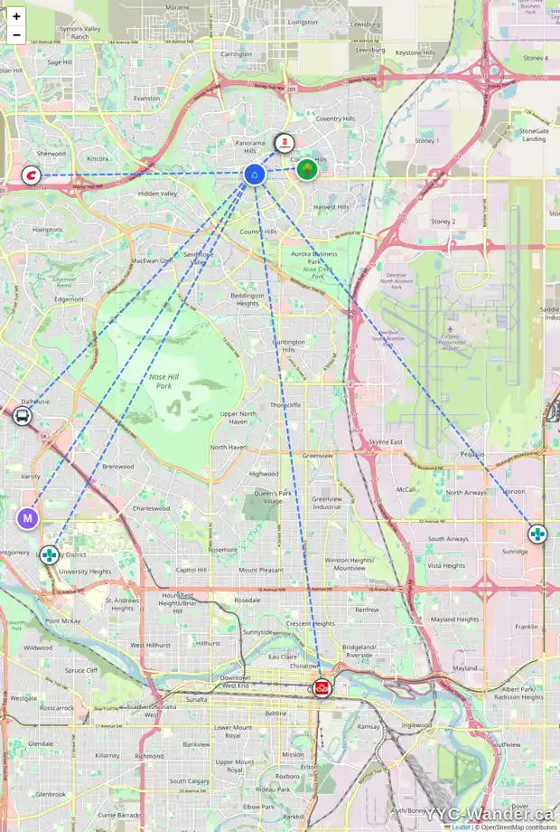 Daily accessibility map for 92 PANAMOUNT HT NW, Calgary showing nearby schools, grocery stores, parks, LRT stations and nearby amenities