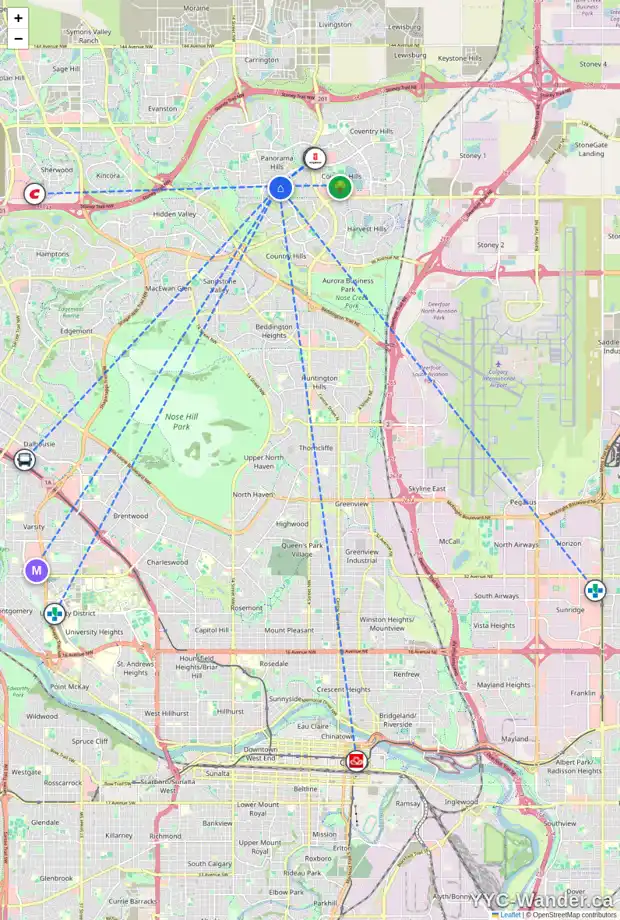 Daily accessibility map for 122 PANAMOUNT HT NW, Calgary showing nearby schools, grocery stores, parks, LRT stations and nearby amenities