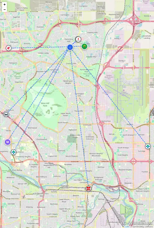 Daily accessibility map for 104 PANAMOUNT HT NW, Calgary showing nearby schools, grocery stores, parks, LRT stations and nearby amenities