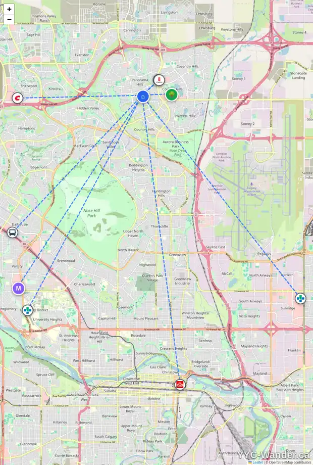 Daily accessibility map for 230 PANAMOUNT HT NW, Calgary showing nearby schools, grocery stores, parks, LRT stations and nearby amenities