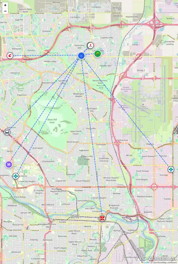 Daily accessibility map for 254 PANAMOUNT HT NW, Calgary showing nearby schools, grocery stores, parks, LRT stations and nearby amenities