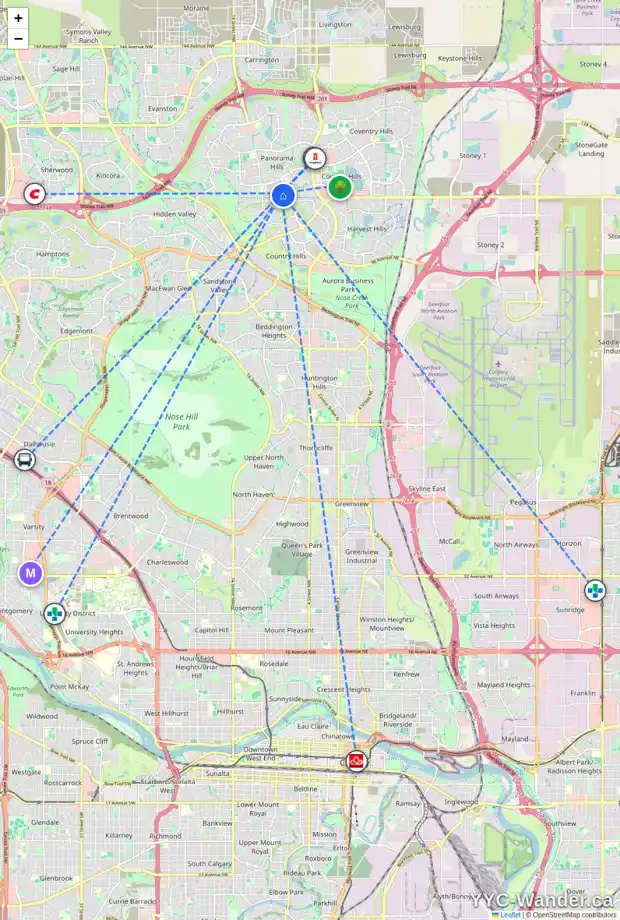 Daily accessibility map for 266 PANAMOUNT HT NW, Calgary showing nearby schools, grocery stores, parks, LRT stations and nearby amenities