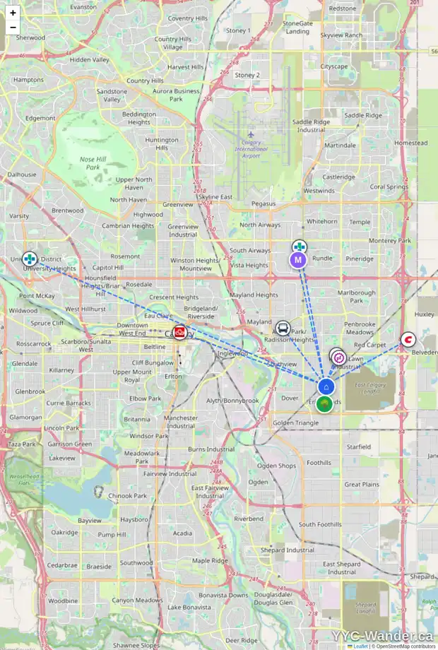 Daily accessibility map for 208 ERIN CROFT CR SE, Calgary showing nearby schools, grocery stores, parks, LRT stations and nearby amenities