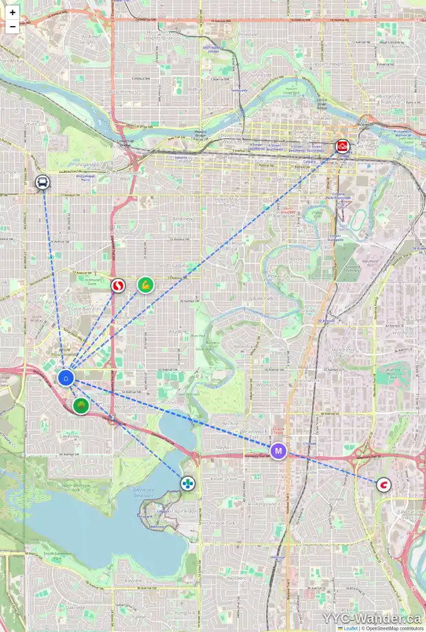 Daily accessibility map for 317 5115 RICHARD RD SW, Calgary showing nearby schools, grocery stores, parks, LRT stations and nearby amenities