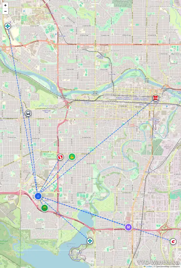 Daily accessibility map for 424 22 RICHARD PL SW, Calgary showing nearby schools, grocery stores, parks, LRT stations and nearby amenities