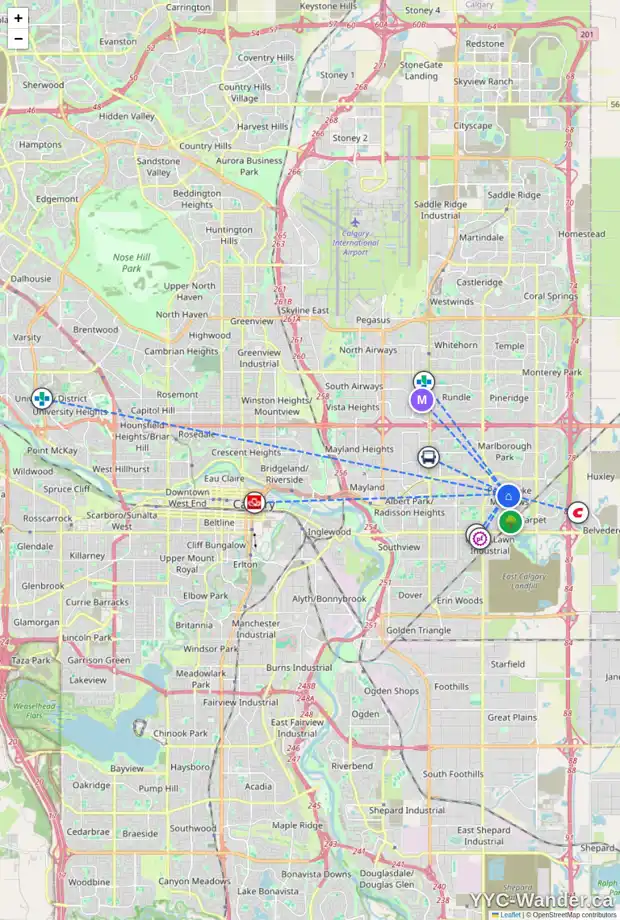 Daily accessibility map for 6019 5 AV SE, Calgary showing nearby schools, grocery stores, parks, LRT stations and nearby amenities