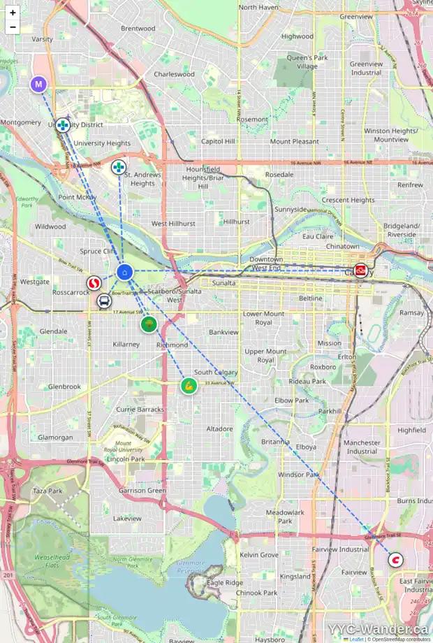 Daily accessibility map for 4301 24 HEMLOCK CR SW, Calgary showing nearby schools, grocery stores, parks, LRT stations and nearby amenities
