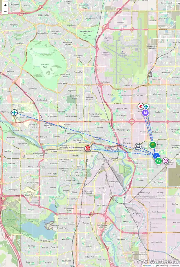 Daily accessibility map for 1511 43 ST SE, Calgary showing nearby schools, grocery stores, parks, LRT stations and nearby amenities