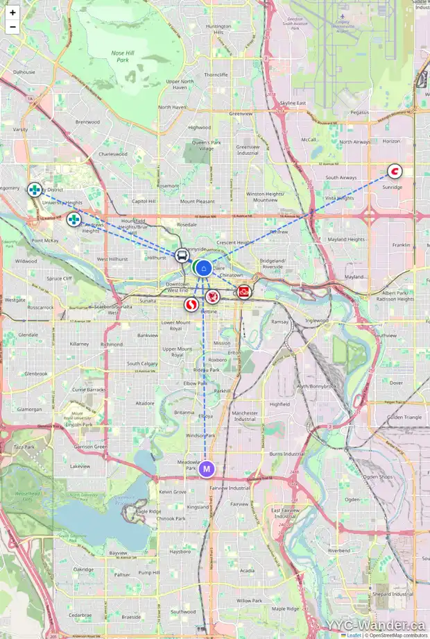 Daily accessibility map for 403 690 PRINCETON WY SW, Calgary showing nearby schools, grocery stores, parks, LRT stations and nearby amenities