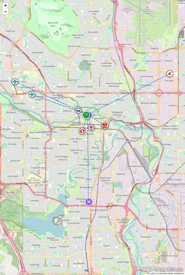 Daily accessibility map for 203 670 PRINCETON WY SW, Calgary showing nearby schools, grocery stores, parks, LRT stations and nearby amenities