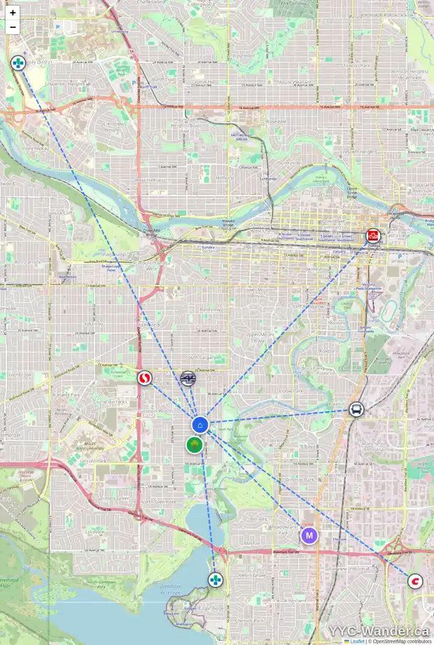 Daily accessibility map for 4321 16A ST SW, Calgary showing nearby schools, grocery stores, parks, LRT stations and nearby amenities