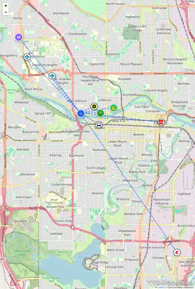 Daily accessibility map for 2241 BROADVIEW RD NW, Calgary showing nearby schools, grocery stores, parks, LRT stations and nearby amenities