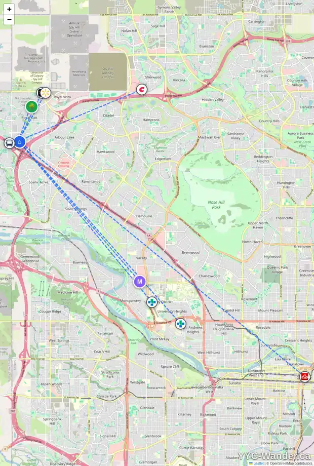 Daily accessibility map for 150 ROYAL TC NW, Calgary showing nearby schools, grocery stores, parks, LRT stations and nearby amenities