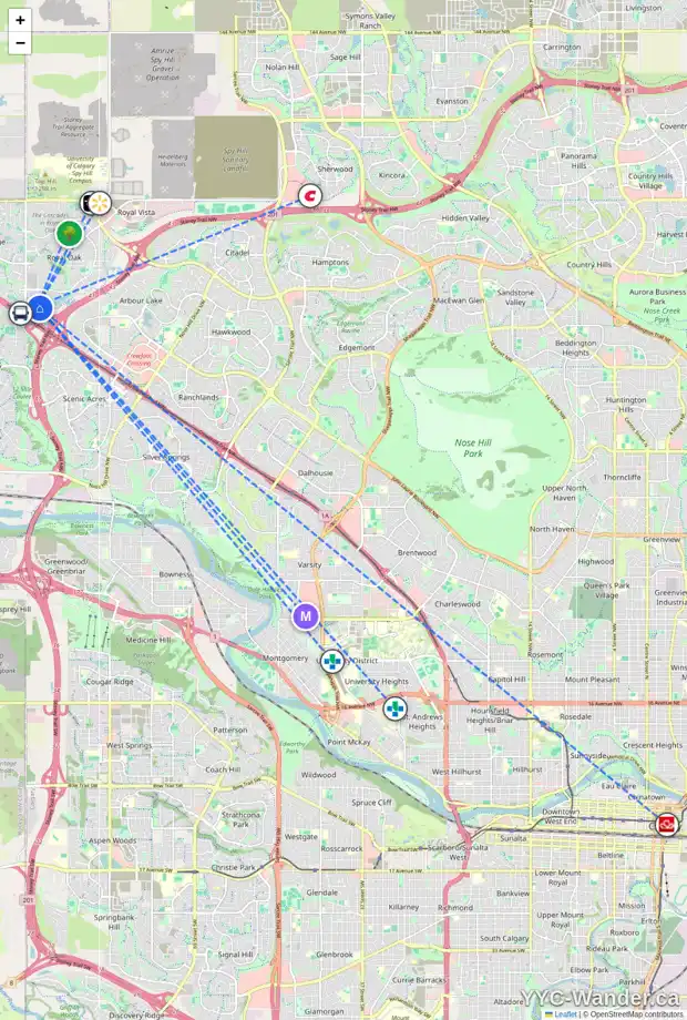 Daily accessibility map for 166 ROYAL TC NW, Calgary showing nearby schools, grocery stores, parks, LRT stations and nearby amenities