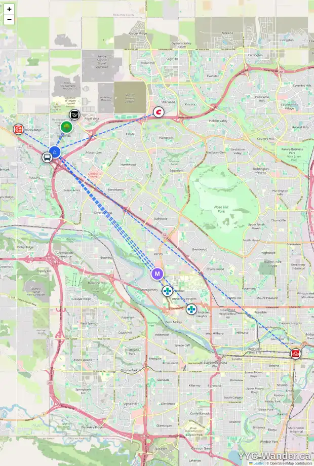 Daily accessibility map for 101 ROYAL BA NW, Calgary showing nearby schools, grocery stores, parks, LRT stations and nearby amenities