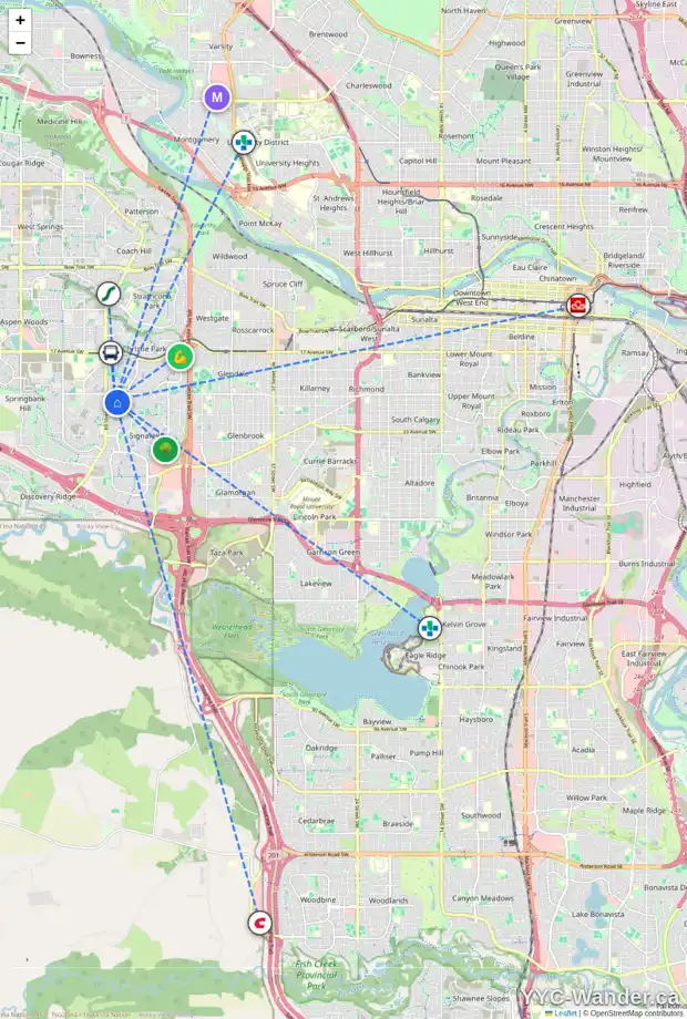 Daily accessibility map for 129 SIENNA PARK DR SW, Calgary showing nearby schools, grocery stores, parks, LRT stations and nearby amenities