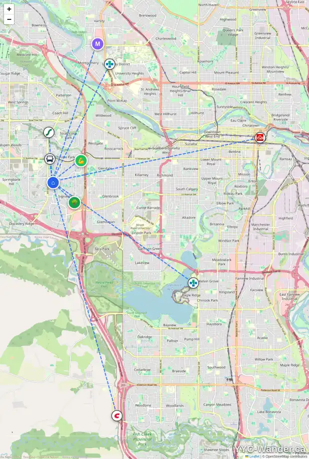Daily accessibility map for 124 SIENNA PARK DR SW, Calgary showing nearby schools, grocery stores, parks, LRT stations and nearby amenities