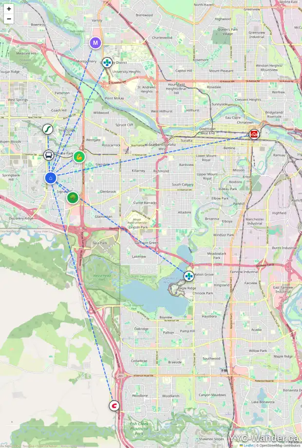 Daily accessibility map for 140 SIENNA PARK DR SW, Calgary showing nearby schools, grocery stores, parks, LRT stations and nearby amenities