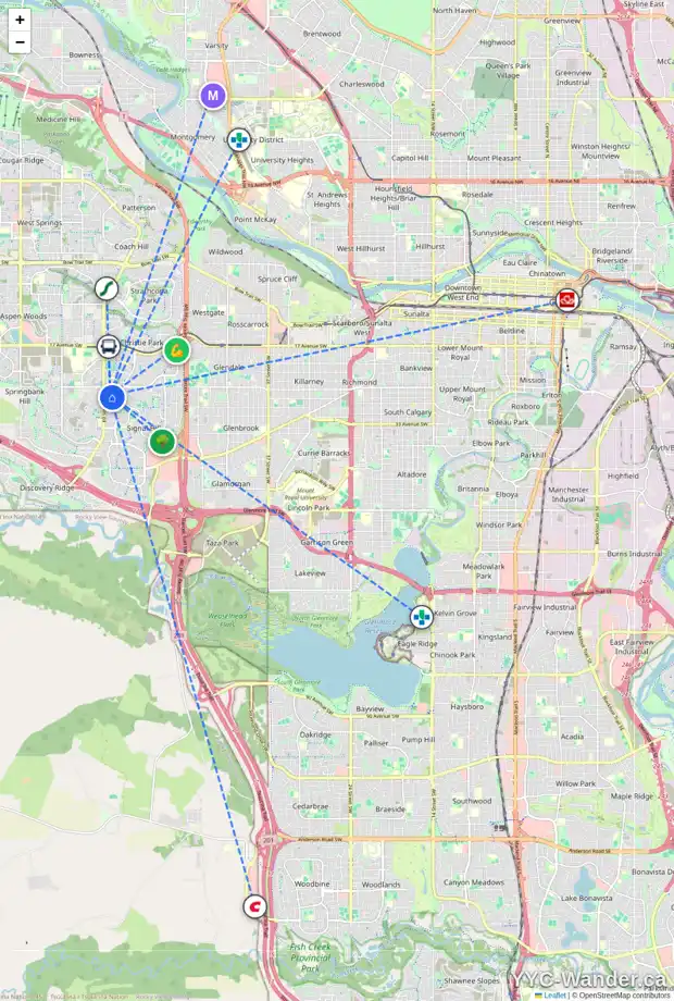 Daily accessibility map for 146 SIENNA PARK DR SW, Calgary showing nearby schools, grocery stores, parks, LRT stations and nearby amenities