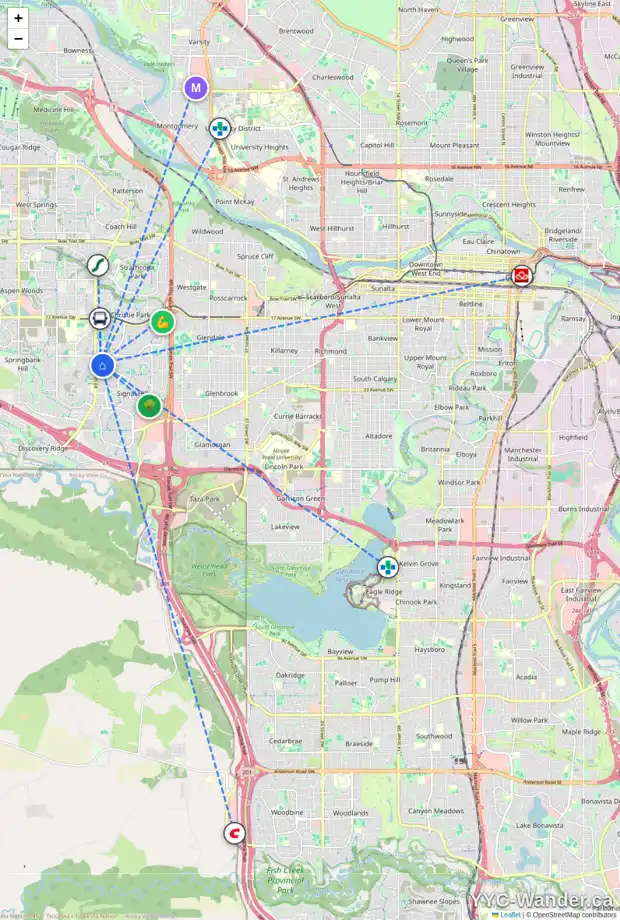 Daily accessibility map for 148 SIENNA PARK DR SW, Calgary showing nearby schools, grocery stores, parks, LRT stations and nearby amenities