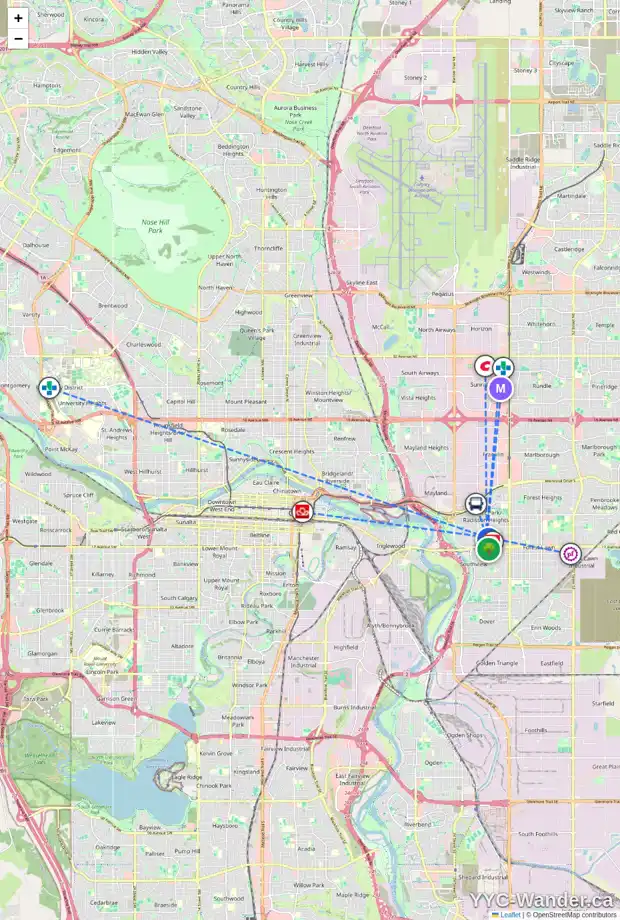 Daily accessibility map for 1620 ROBSON CR SE, Calgary showing nearby schools, grocery stores, parks, LRT stations and nearby amenities