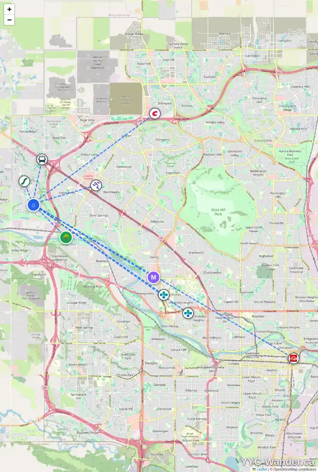 Daily accessibility map for 34 TUSCANY MEADOWS DR NW, Calgary showing nearby schools, grocery stores, parks, LRT stations and nearby amenities