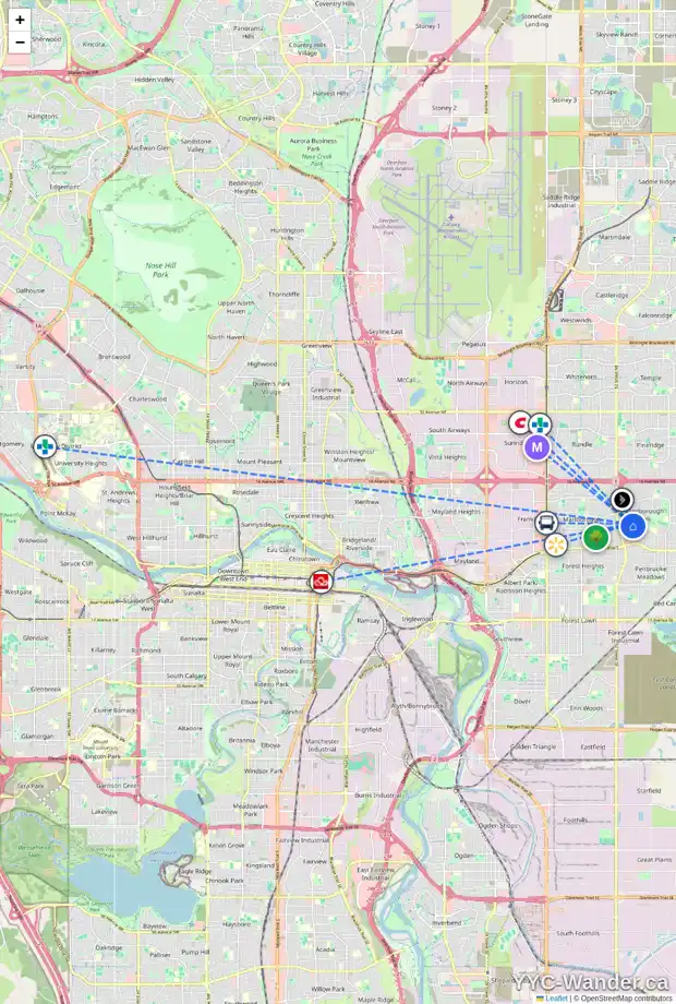 Daily accessibility map for 16 MAIDSTONE PL NE, Calgary showing nearby schools, grocery stores, parks, LRT stations and nearby amenities